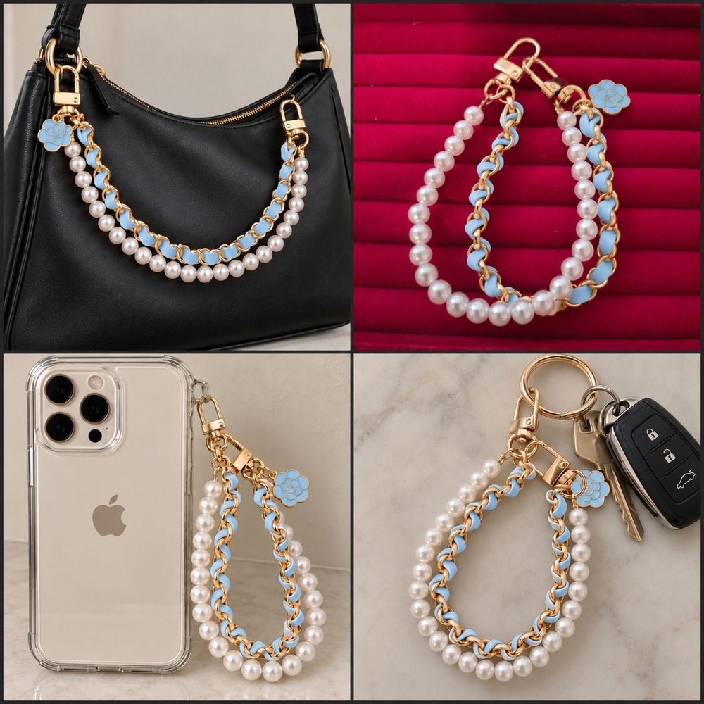 Blue Faux Pearl Camellia Phone Charm Keychain Gold Plated Bag Strap Accessory